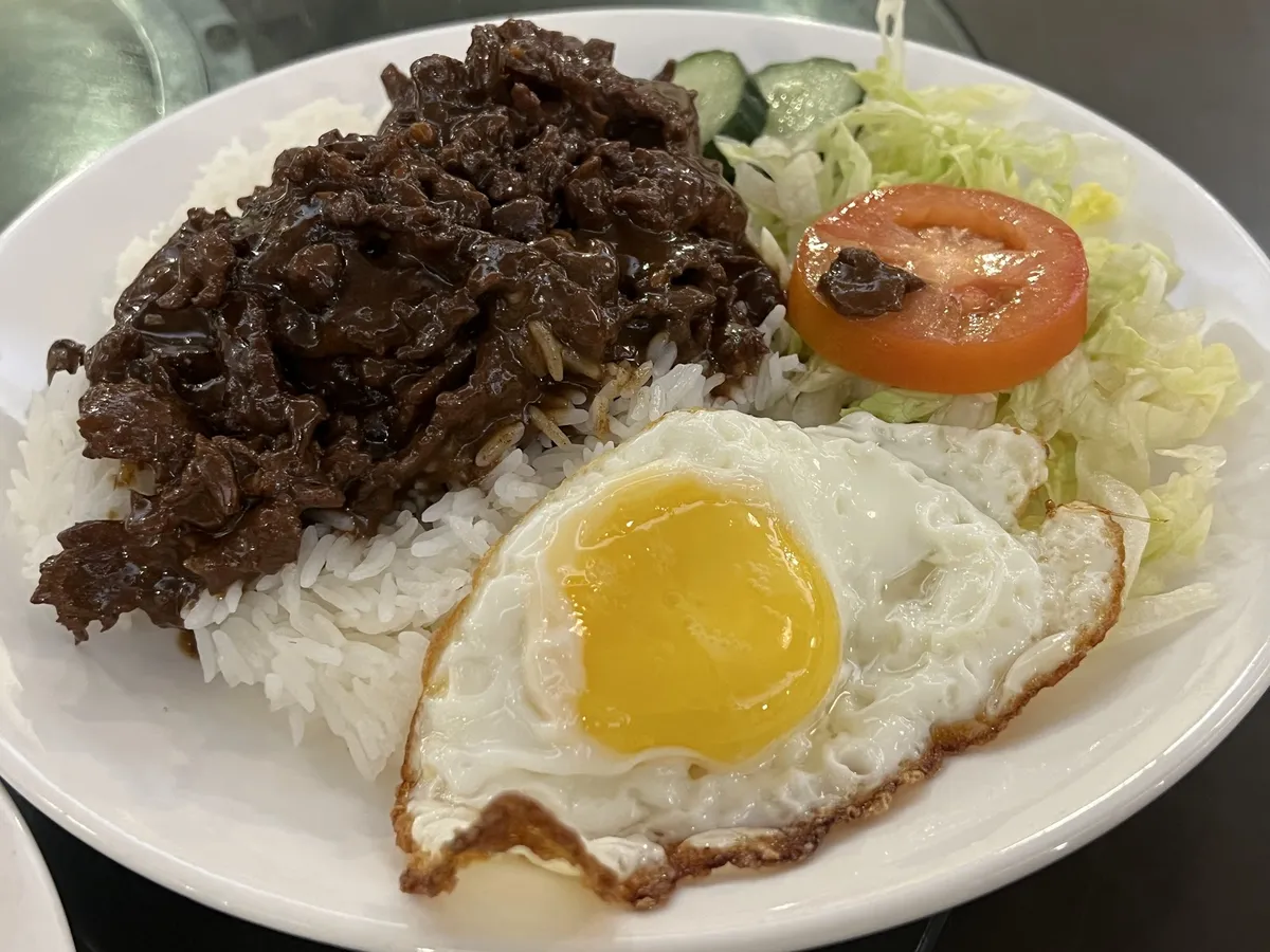 Plate of beef with rice, fried egg, and salad